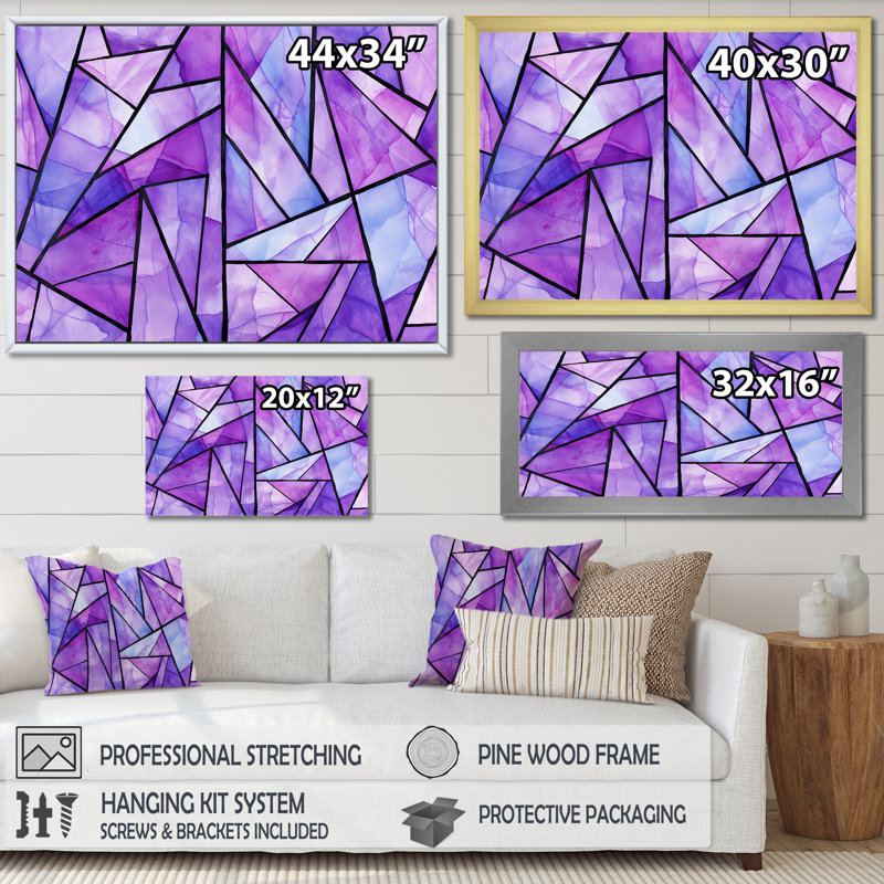 Mauve et bleu - art mural géométrique, H 16 po x l 32 po x P 1 po, Cadre flottant noir