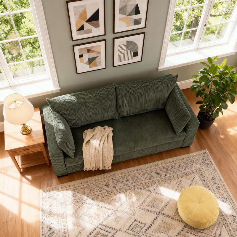 79" Deep Seat Corduroy Green Couch, Heavy-Duty Durable Loveseat with Fluffy Striped Cushions, Cloud-Style Comfy Green Sofa with 2 Pillows for Living Room, Modern Upholstered 2-Seater Sofas for Small Spaces and Home Decor