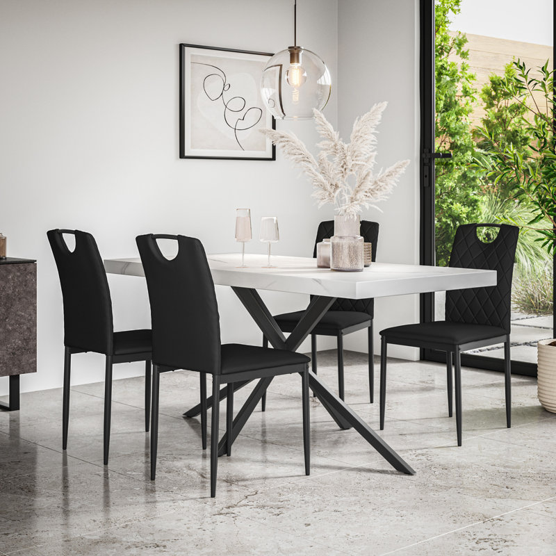 Beaudreult 160cm Dining Table Set with 6 Monza Faux Leather Chairs, White/Black/Black