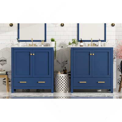 Ensemble de meuble-lavabo bleu 60 po avec double meuble-lavabo (séparé), double lavabo en céramique, tablette de rangement et tiroirs séparés (miroir non inclus)