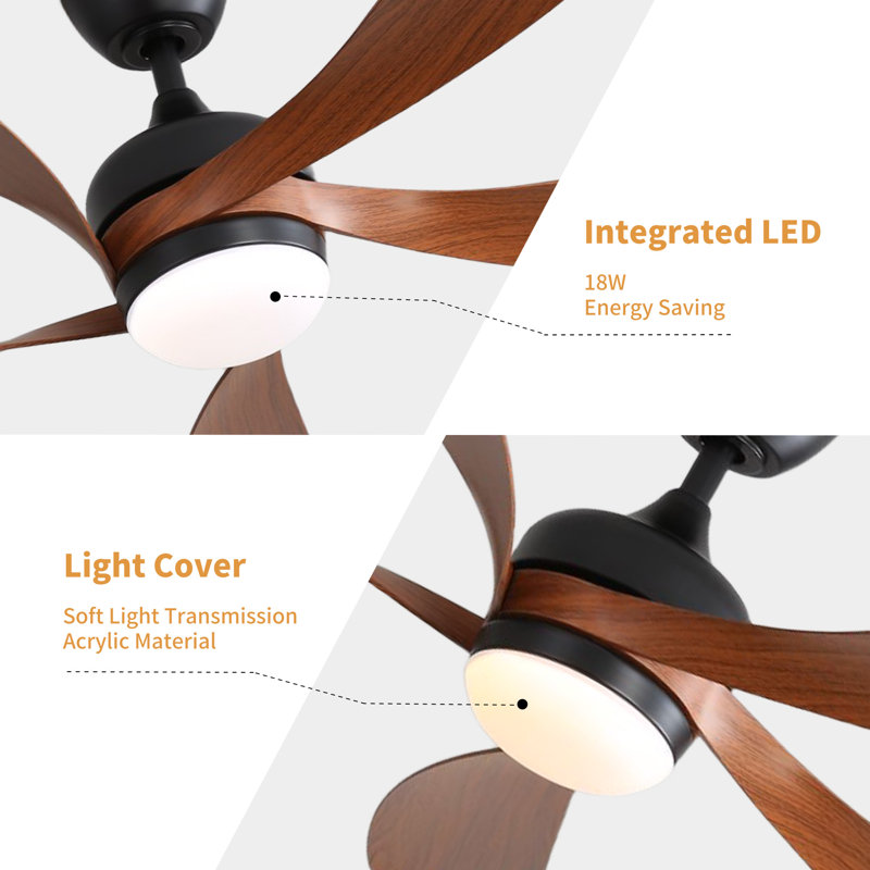 TurboBreeze 52'' - 5 Blade Modern Ceiling Fan with Dimmable Light Kit and Remote Control, Matte Black/Walnut, 52"