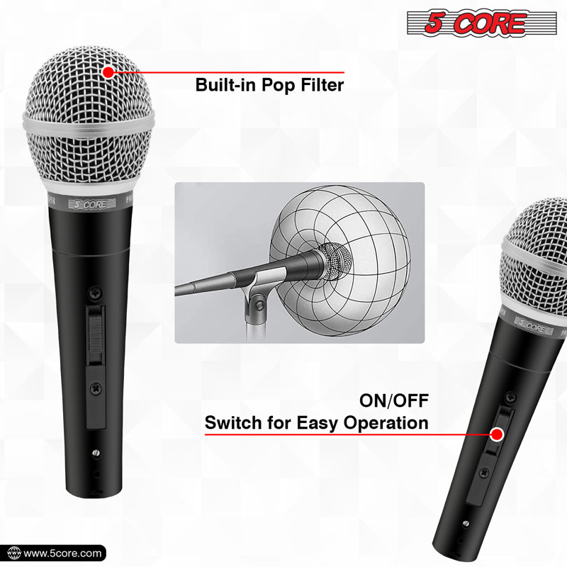 5 Core Microphone Professional Unidirectional Dynamic Neodymium Mic w/ ON/OFF Switch, Cable Clip