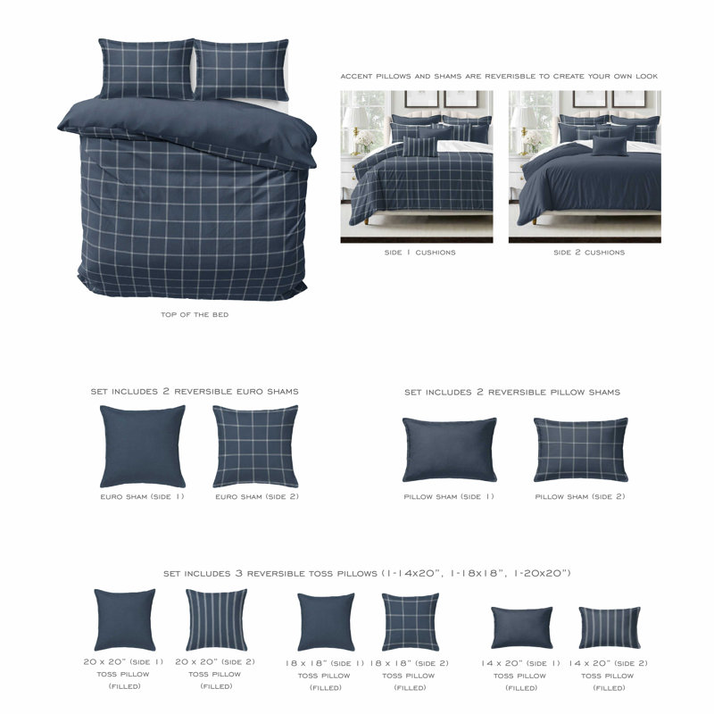Shay Window Pane Dark Denim Cotton Duvet Cover Set  8 Piece, California King Duvet Cover + 7 Additional Pieces