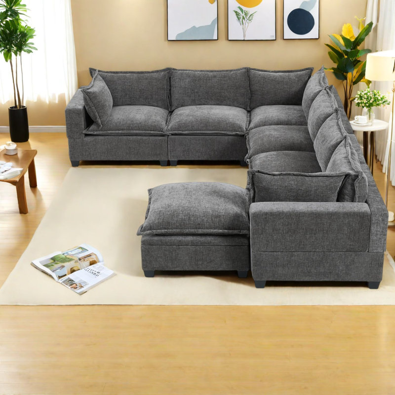 Canapés modulaires spacieux avec repose-pieds de rangement mobile, conception moderne en chenille pour la maison
