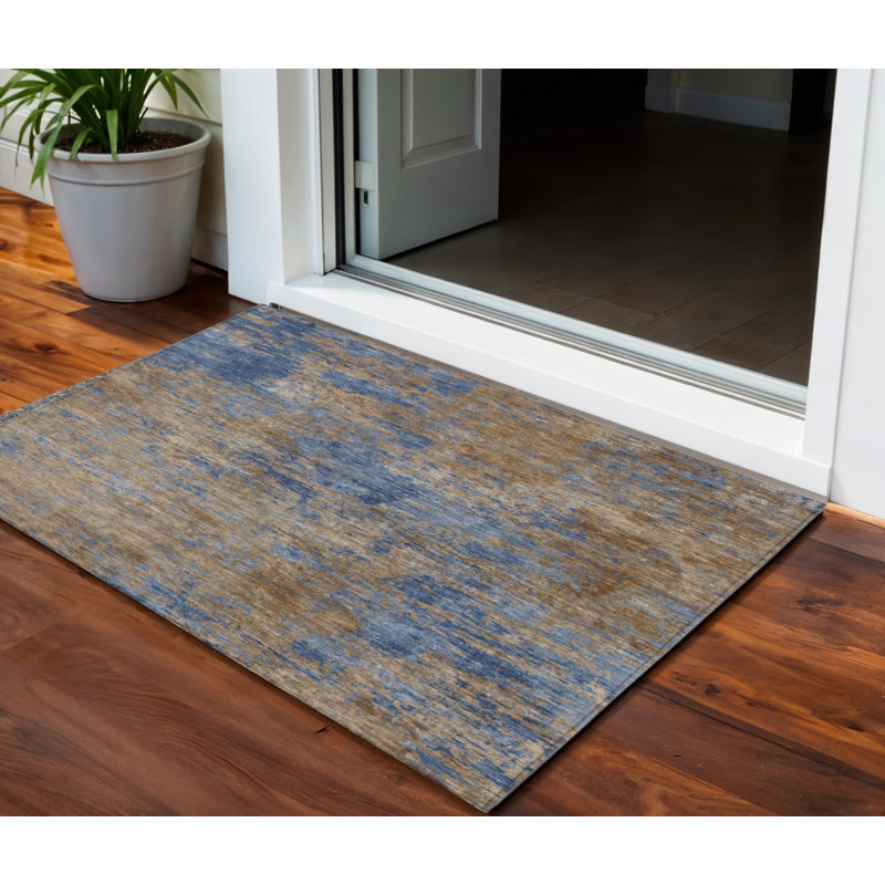 3' X 5' Navy Blue And Brown Abstract Washable Indoor Outdoor Area Rug