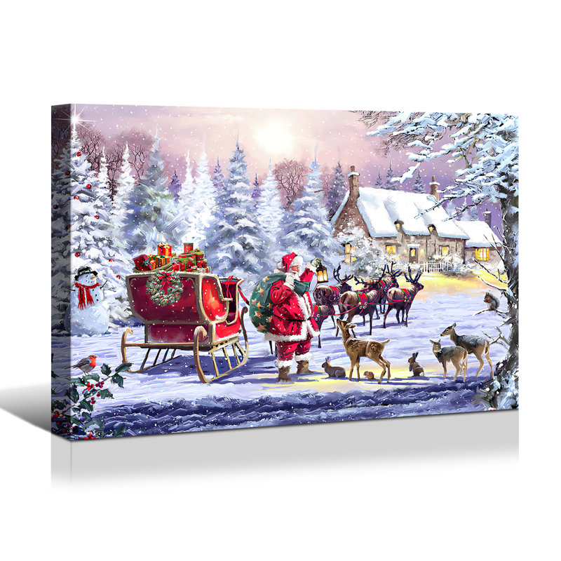 Toile encadrée, décoration de Noël, peinture de père Noël en traîneau avec des animaux mignons, cadeau de Noël, bureau, salle à manger, salon, salle de bain, décoration de chambre à coucher