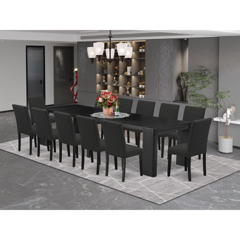 13 Pieces Extendable Dining Set Includes a Rectangle Xtenczar Table and 12 Linen Fabric Dining Chairs, Wire Brushed Black