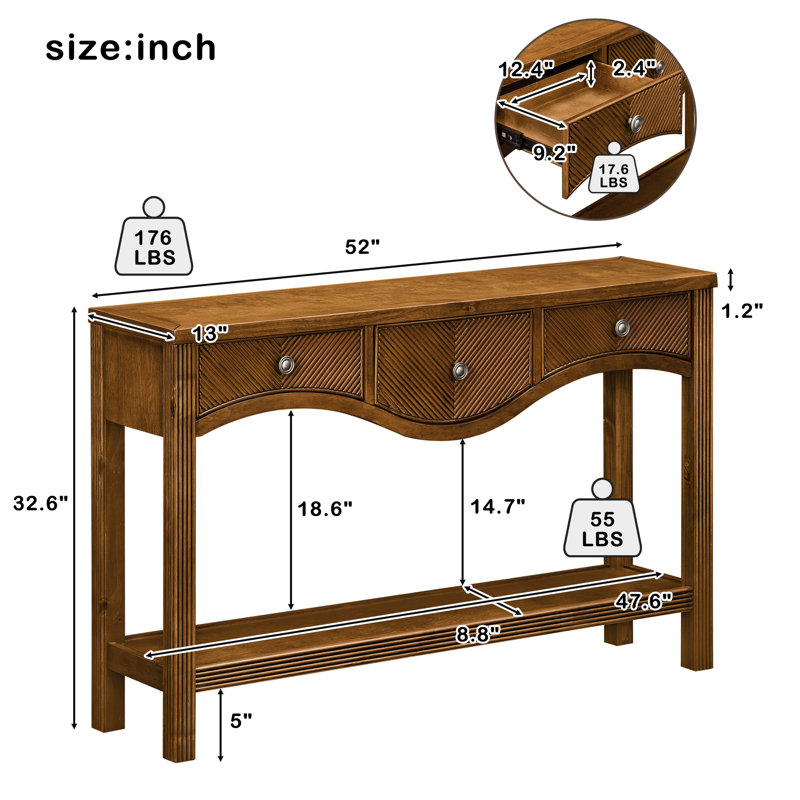 52" Retro Fluted Console Table with 3 Drawers and Scalloped Edge, Sofa Table with Solid Wood Legs for Entryway or Living Room  ,Brown