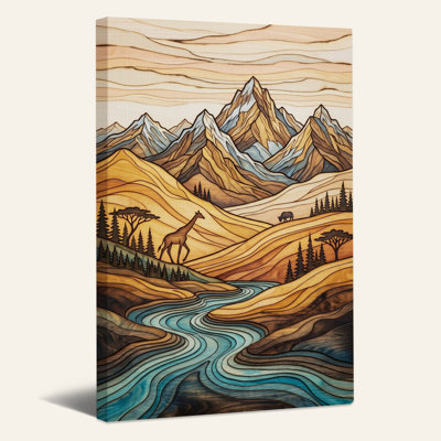 Tableau sur toile représentant un paysage de montagne aux tons naturels avec une girafe