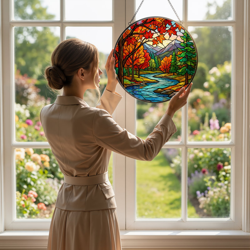 Panneau de vitrail 12 "H Autumn Landscape, H 12 po x l 12 po