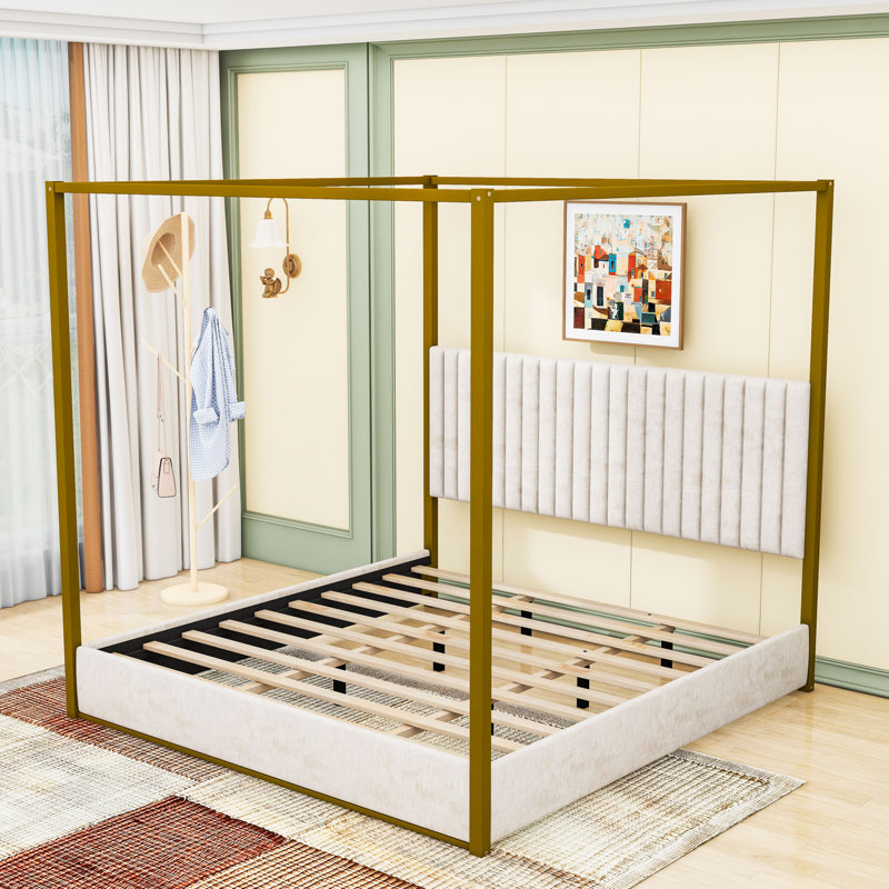 Lit plateforme tapissier avec tête de lit et auvent, Beige, Très grand lit