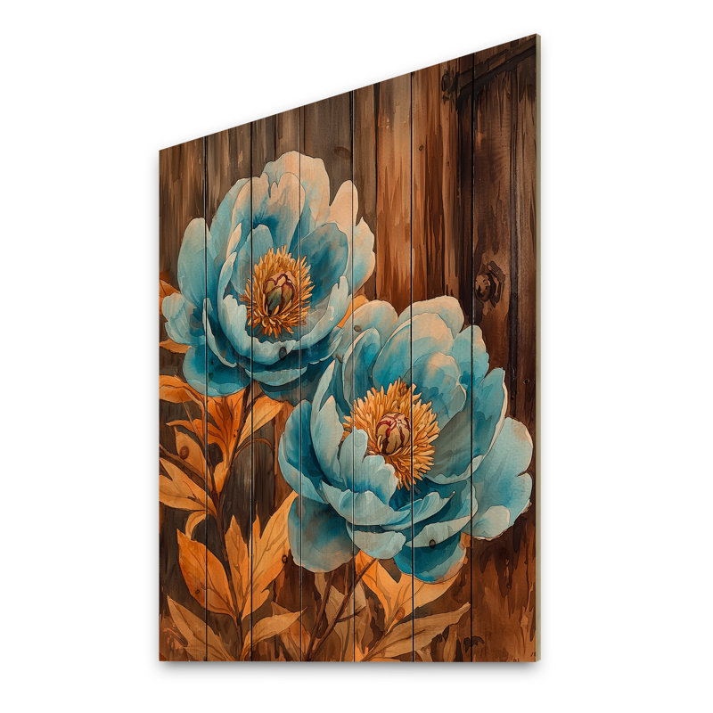 Pivoines bleues dans la basse-cour III - Art mural en bois pivoines - sur bois de pin naturel, H 20 po x l 10 po x P 0,78 po