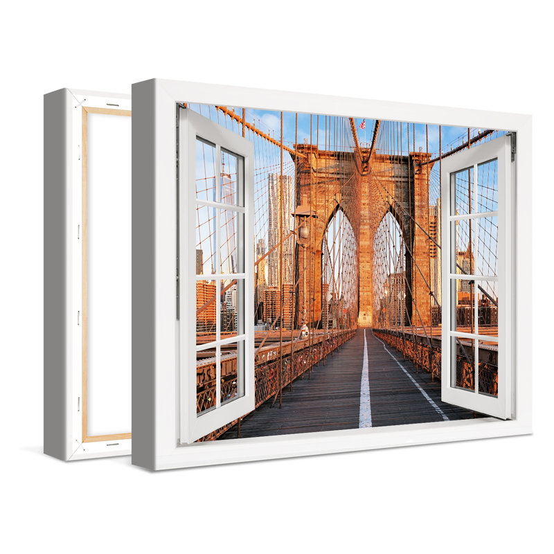New York Brooklyn Bridge Window - Wrapped Canvas Print, 30cm H x 40cm W x 2cm D