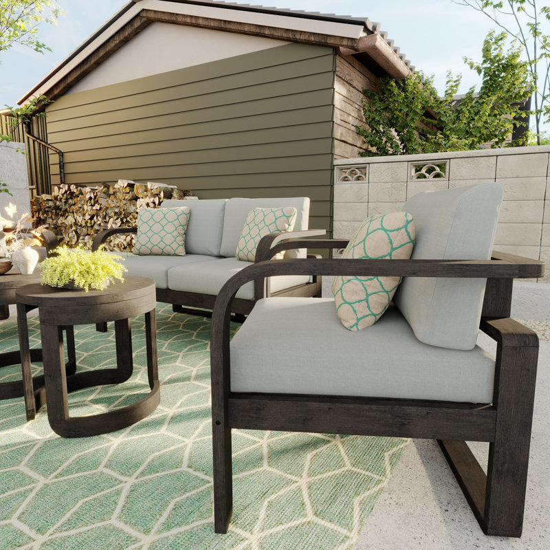 Light Brown Solid Wood 4-Person Outdoor Seating Set with Gray Cushions