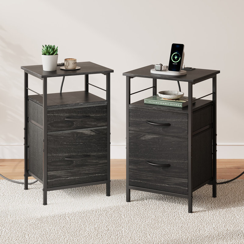 Travison 2-Drawer Nightstands With Charging Station (Set of 2), USB Ports and AC Outlets, Modern Bedside Tables With Open Shelf and Storage for Bedroom and Living Room 