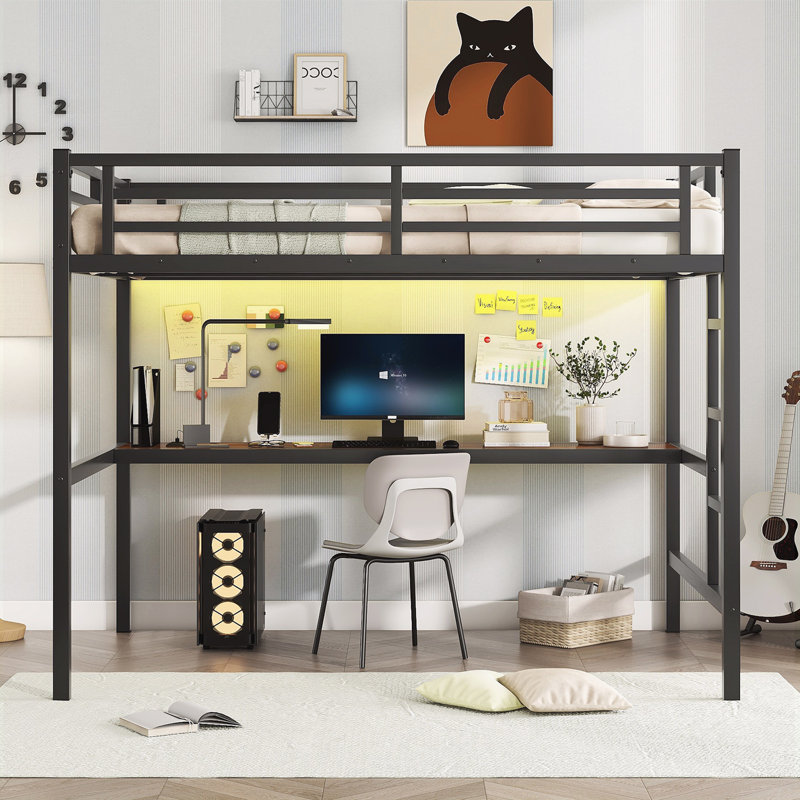 Lit mezzanine en métal avec prise de courant et éclairage à DEL, peu encombrant, réduit le bruit, Double TG