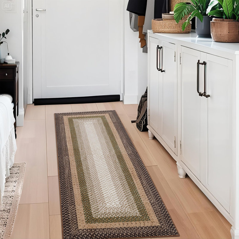 Washable Rug Scalloped Rug Non Slip, Low Pile Thin Foldable Mats, Indoor Neutral Carpet for Living Room Bedroom, Brown