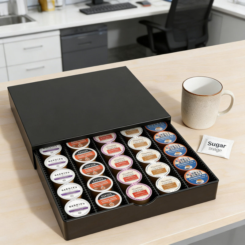 Organisateur de tiroir à dosettes de café compatible avec les capsules Nespresso Vertuo et K-Cup, peut contenir 60 petites ou 40 grandes dosettes, un rangement coulissant peu encombrant pour le comptoir de la machine à café