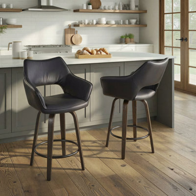 Sarah Fixed-Height Faux Leather Bar & Counter Stools with Bent Wood Legs & Round Footrest