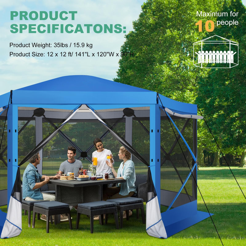 12x12 Pop up Gazebo Screen House Tent, Outdoor Canopy with Removable Roof&Sidewalls, Blue