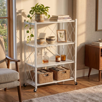 Étagère de rangement pliante à 4 niveaux avec roulettes verrouillables, blanc