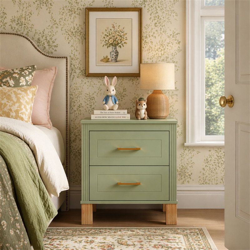 Table de chevet 2 tiroirs, rangement en bois de qualité supérieure avec design cannelé élégant, table de chevet à pieds en bois massif avec poignée en métal, grande table de chevet pour le salon de la chambre à coucher