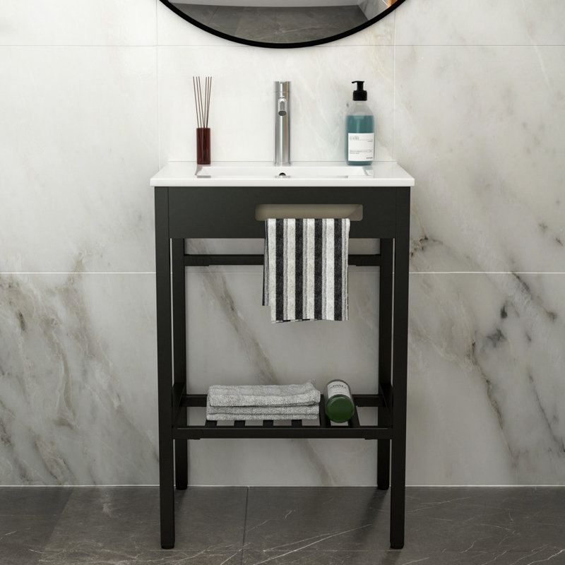 24" X 18" White And Black Bathroom Sink, Ceramic Console With Overflow, Porcelain, Easy Maintenance, Indoor/Outdoor Compatibility Use Overflow Support, Smooth Surface, Space - Saving Design, Good For