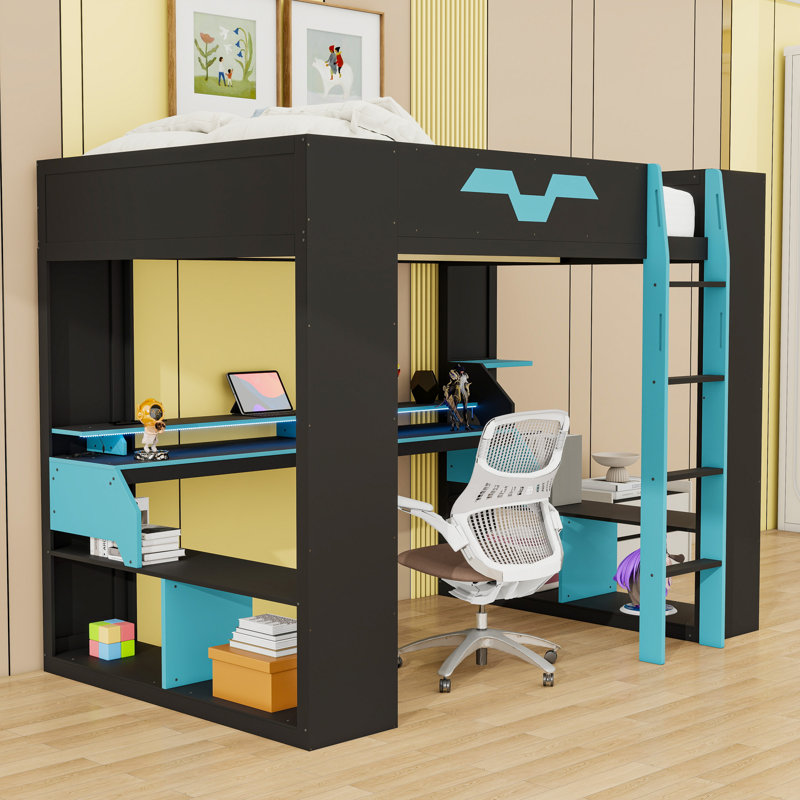 Full Wood Loft Bed with RGB LED Lights, Built-In Desk, and Storage, Blue