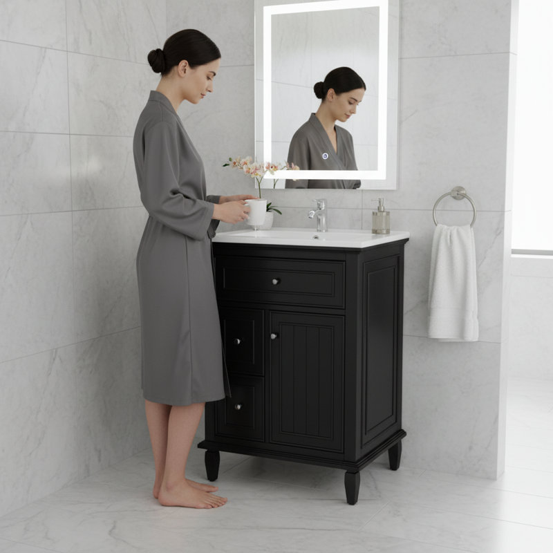 Ensemble de meuble-lavabo de meuble-lavabo noir 24 po | Tiroir et armoire de rangement, Noir / blanc