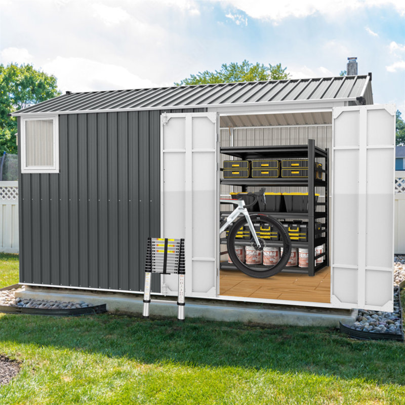 Remise de rangement extérieure en métal 8 pi x 12 pi avec fenêtre, base de plancher, bouches d'aération et porte à double charnière