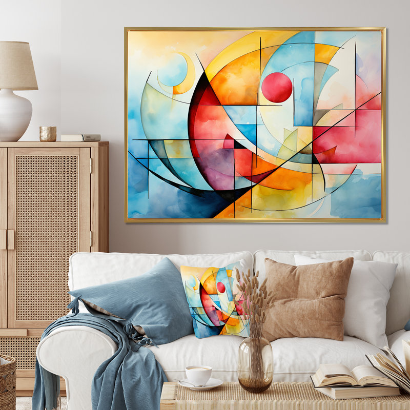 Cubes de couleurs douces II - art mural géométrique, Cadre flottant doré, H 16 po x l 32 po x P 1 po