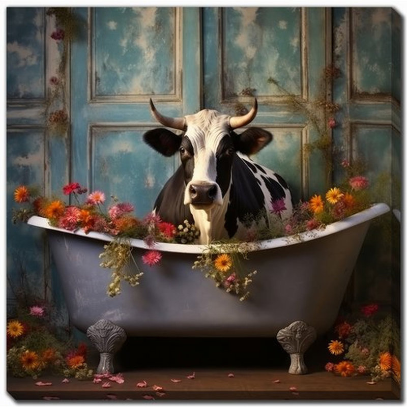 «Bathroom Jungle Joy Cow», art sur toile, H 16 po x l 16 po