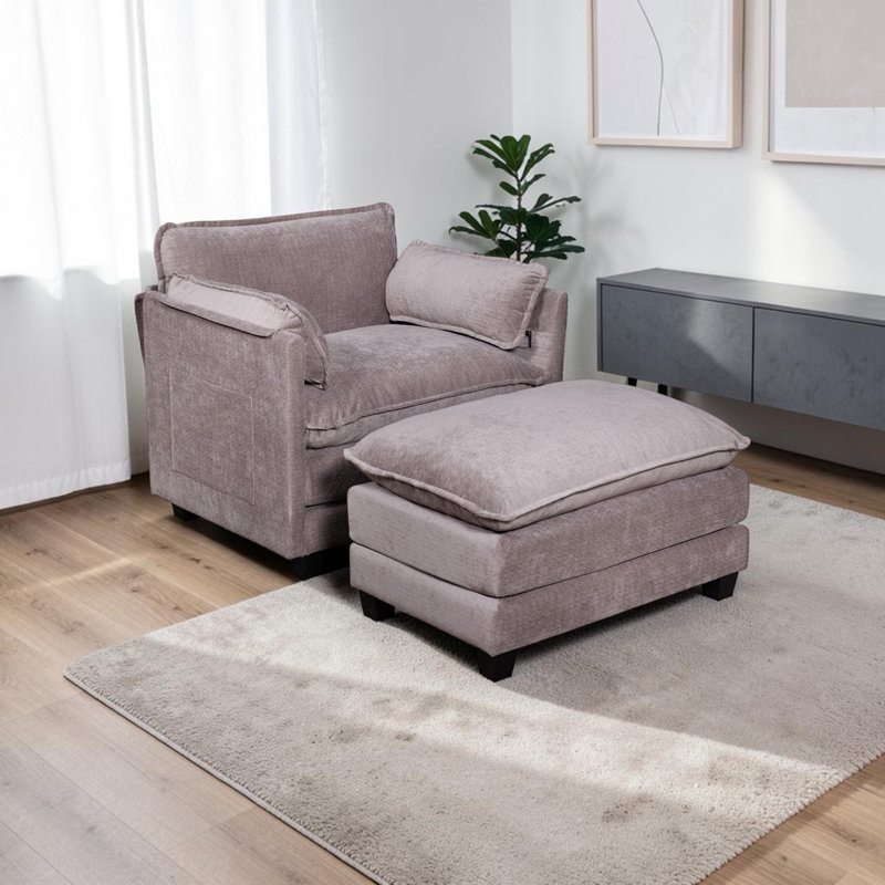 Geneveve Oversized Bouclé Accent Armchair With Ottoman, Light Gray