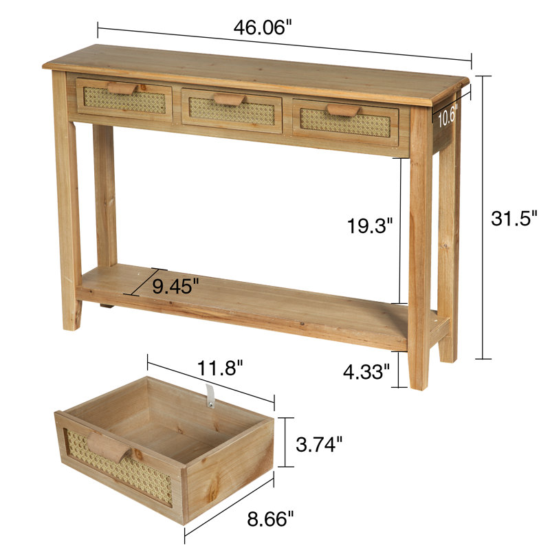 Console de style campagnard long de 46 po avec 3 tiroirs en rotin et tablette Abrytha, H 31,5 po x l 46 po x P 10,6 po