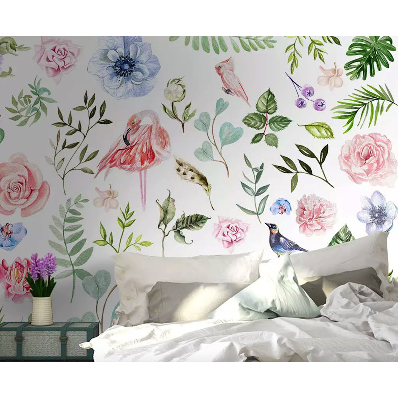 Murale flamant rose et feuille, l 114 po x L 204 po