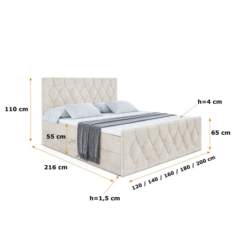 Ashanty Bed with Mattress, 160 x 200cm, Beige Cream