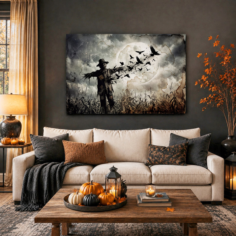 Sépia épouvantail se transformant en corbeaux, art mural d'Halloween, 36"H x 48"W