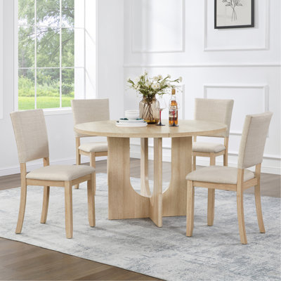47.3" Round Dining Set with 4 Upholstered Dining Chairs, Modern Round Dining Table Set for 4, 5-Piece Round Dining Table Set for Living Room, Kitchen,