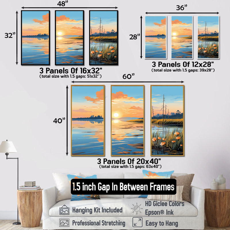 Coucher de soleil océan mosaïque - art mural Pop Art, Cadre flottant doré, H 32 po x l 48 po x P 1 po