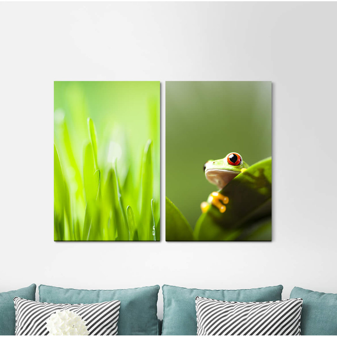 2-tlg. Leinwandbilder-Set - Fotografie „Grass Blades of Grass Frog Green Meadowmacro”