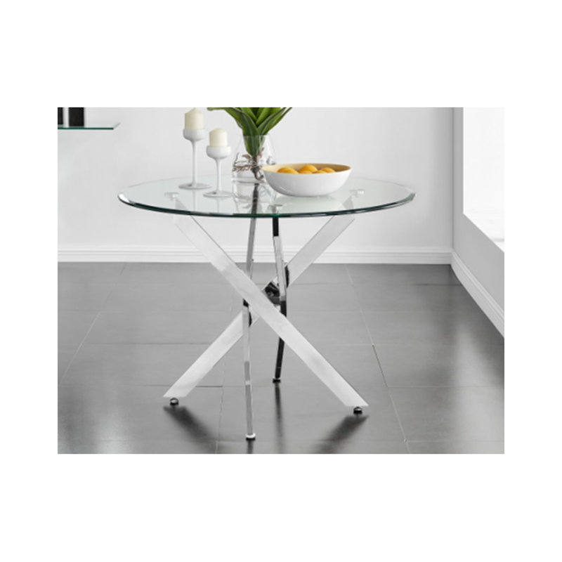 35.43" Round Tempered Glass Table – Silver Iron Frame, Modern Minimalist, Silver