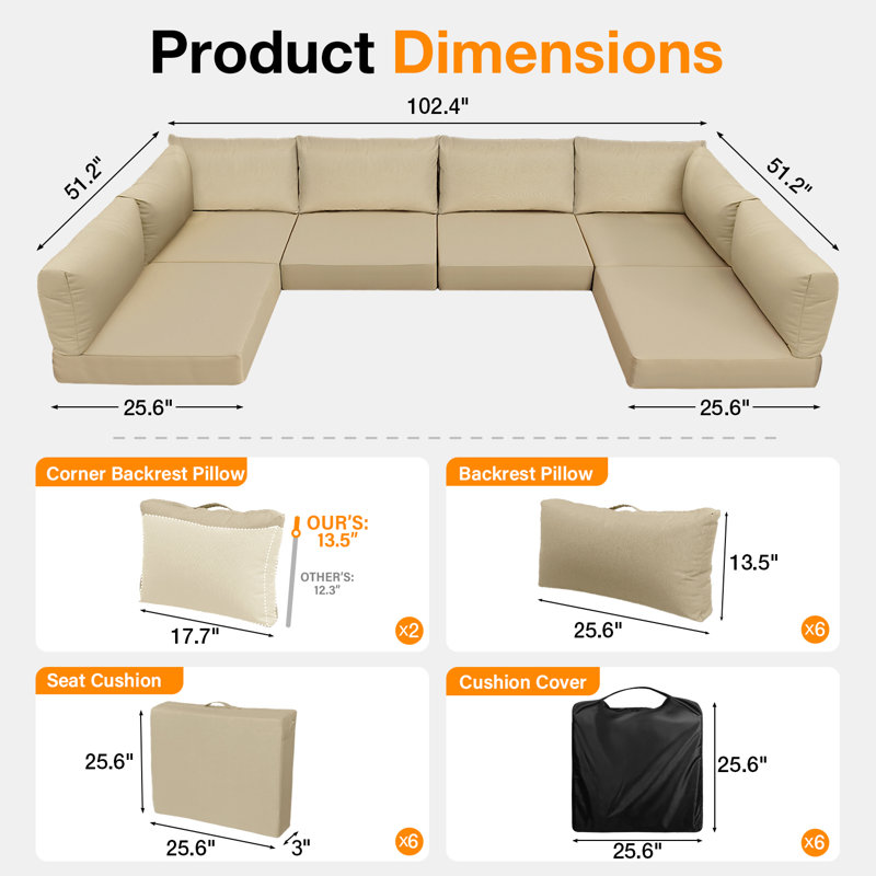 14 Pieces 3" Outdoor Replacement Cushion Sets For Patio Furniture(Set Of 6 Cushion , 6 Backrests , 2 Coner Cushions NOT INCLUDING SOFA)