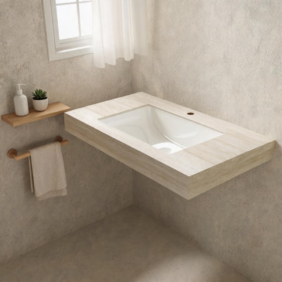 Comptoir en pierre frittée de 91 cm (36 pouces) en travertin Roma beige et blanc, avec lavabo encastré en céramique et trou pré-percé pour robinetterie standard.