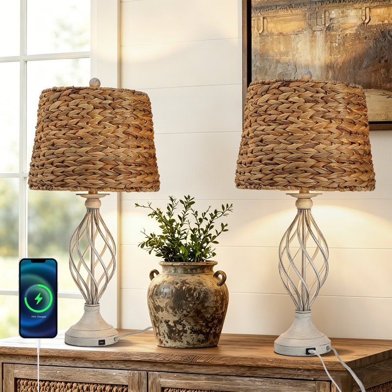 27.55"H Boho Antique White Metal Table Lamp With 3-Way Dimming Handwoven Shade And Usb For Bedroom Living Room