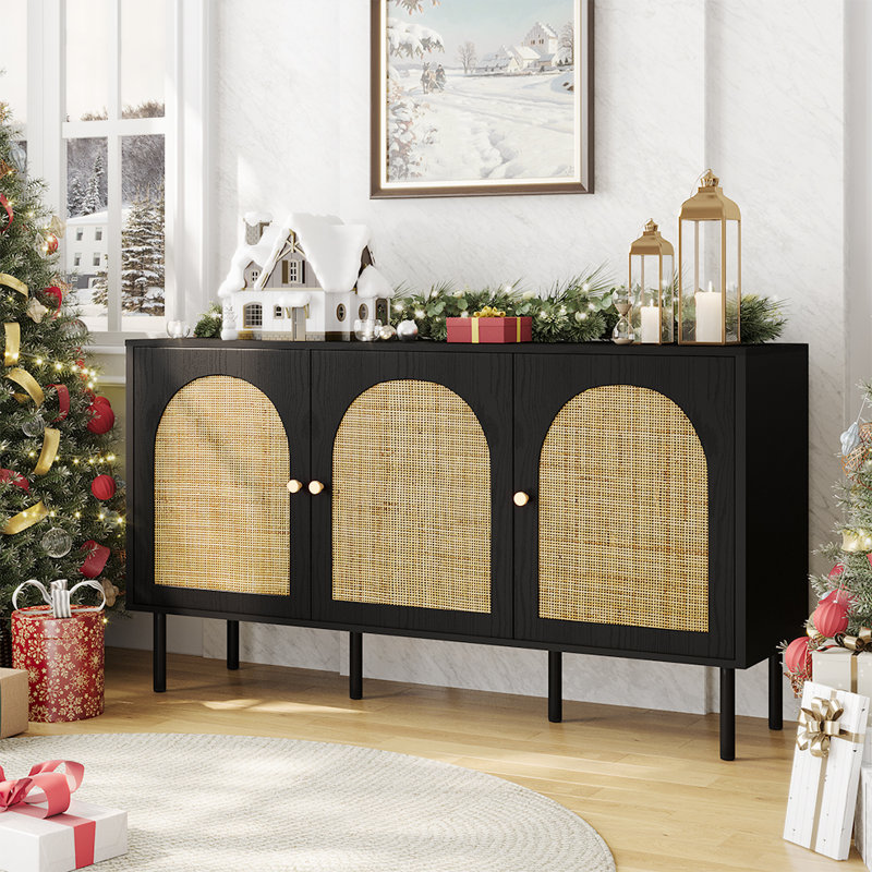 56" 3-Door Sideboard Cabinet Buffet With Rattan Door