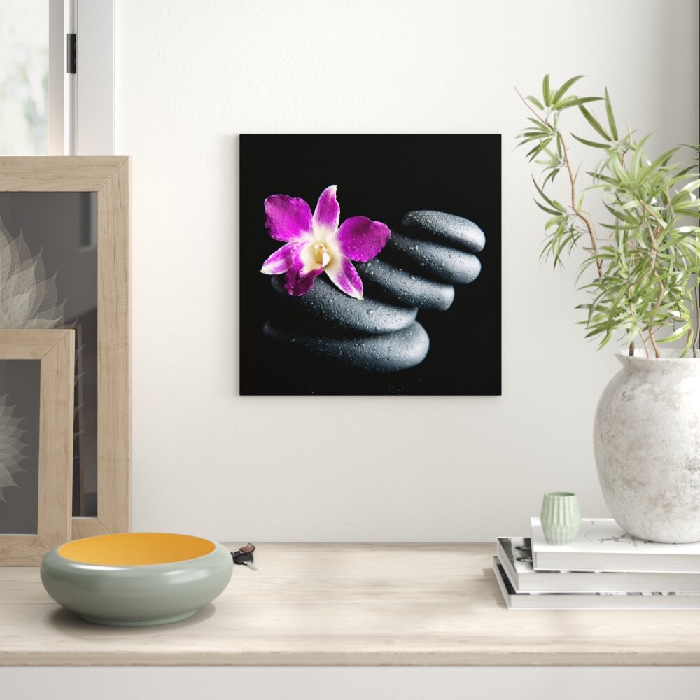 Glasbild Purple Orchid & Black Stones, Fotodruck