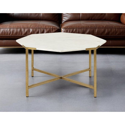 33" White and Gold Genuine Marble and Metal Octagon Coffee Table – Industrial Faux Marble