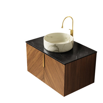 Meuble-lavabo en pierre frittée de 30 po en noir, armoire en chêne brun, sans robinet - contreplaqué, conception de panneau de porte noire unique avec couvercle de lavabo ou de lavabo, rangement