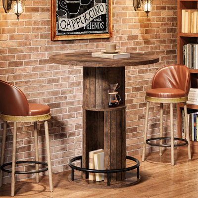 31.5" Round Bar Table for 2 with Storage, Farmhouse Pub Table with Pedestal Base, For Home Bar, Dining Room, Kitchen(Table Only)- Rustic Brown