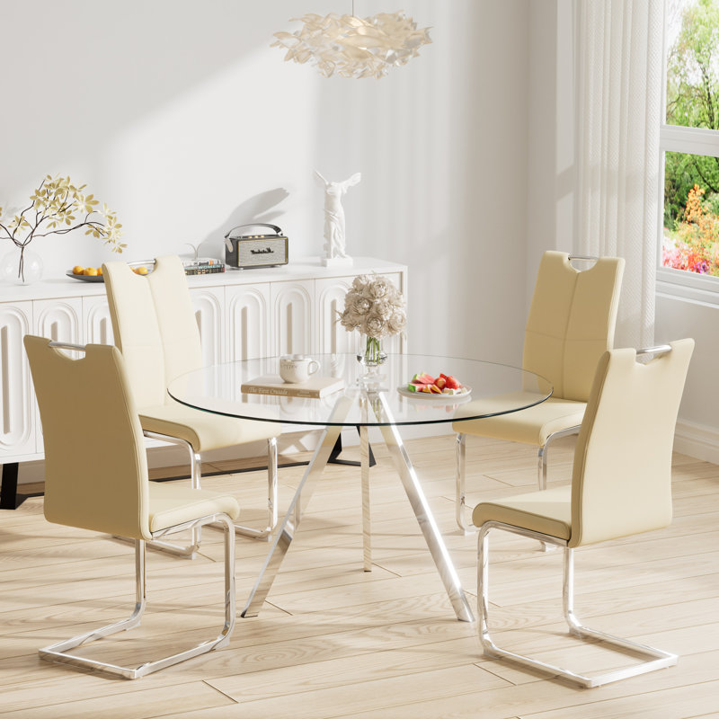 Metal and Glass Round Dining Table Set with 4 Faux Leather Upholstered Dining Chairs, Yellow